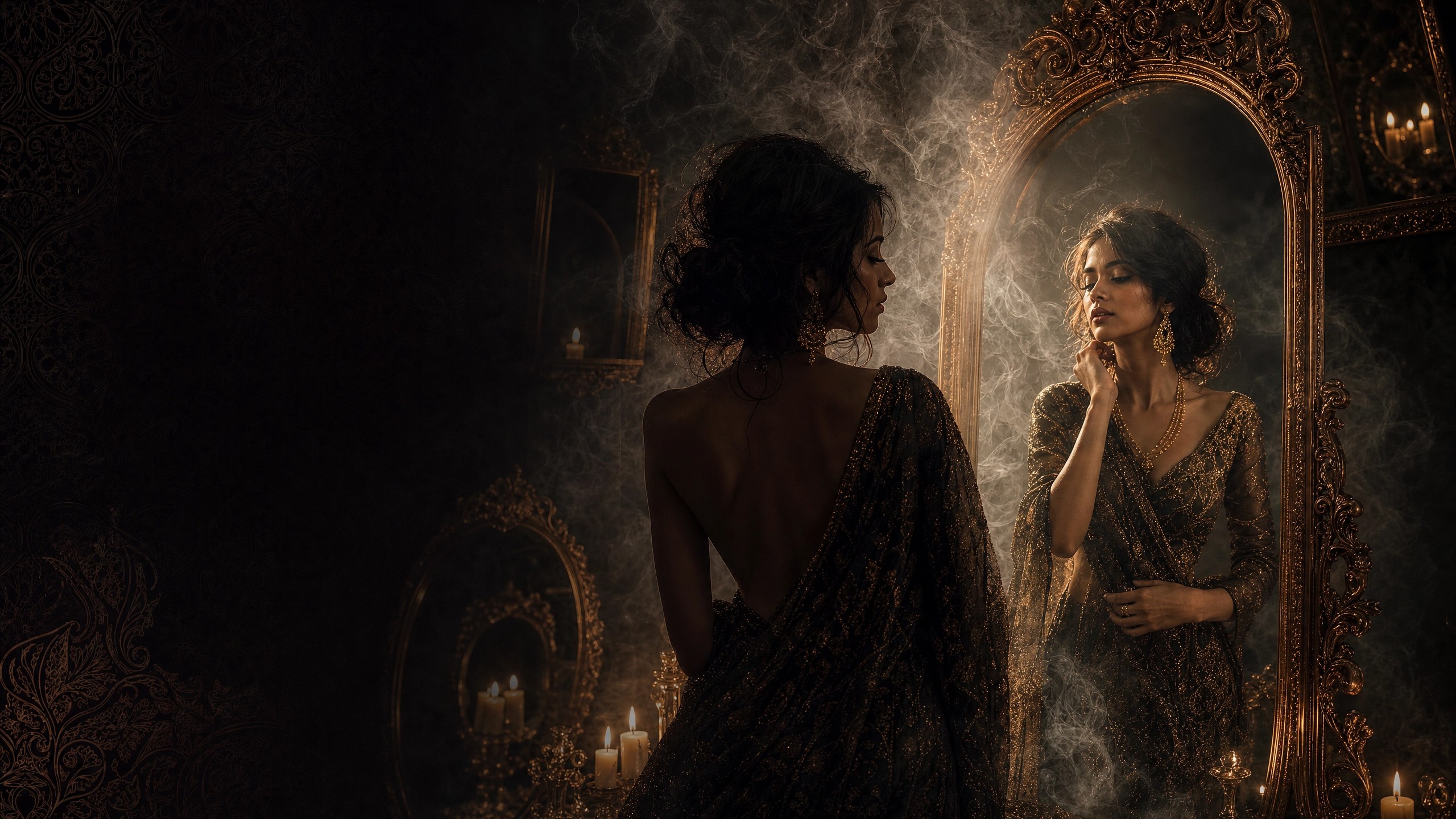 South Asian woman facing an ornate mirror through theatrical smoke for JiVA's 2026 Smoke & Mirrors Gala