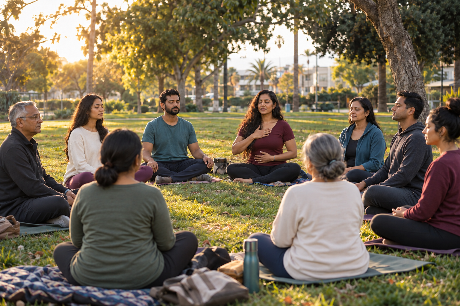 South Asian community members practicing guided breathwork and meditation in a park