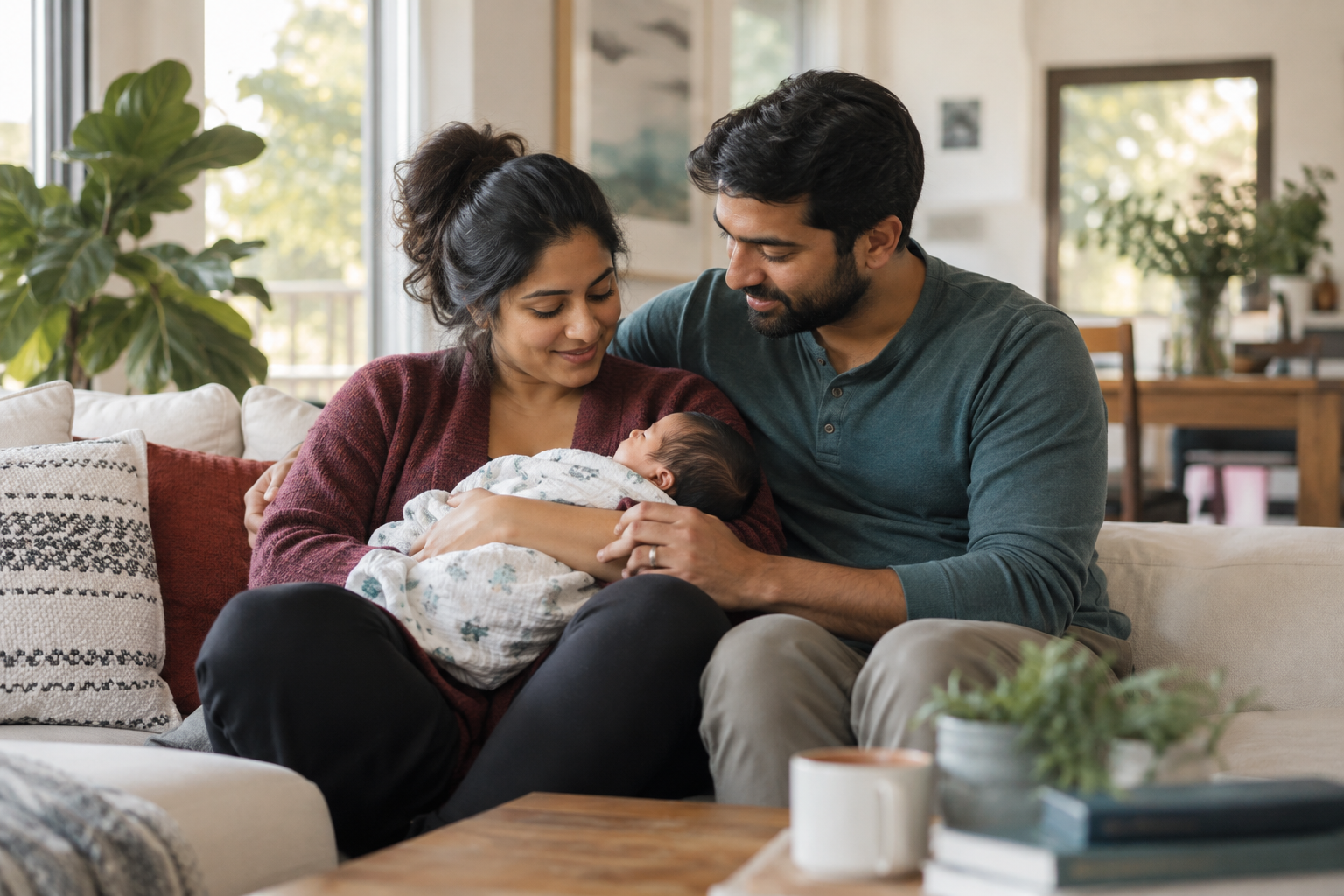 South Asian parents sharing a quiet moment with their newborn